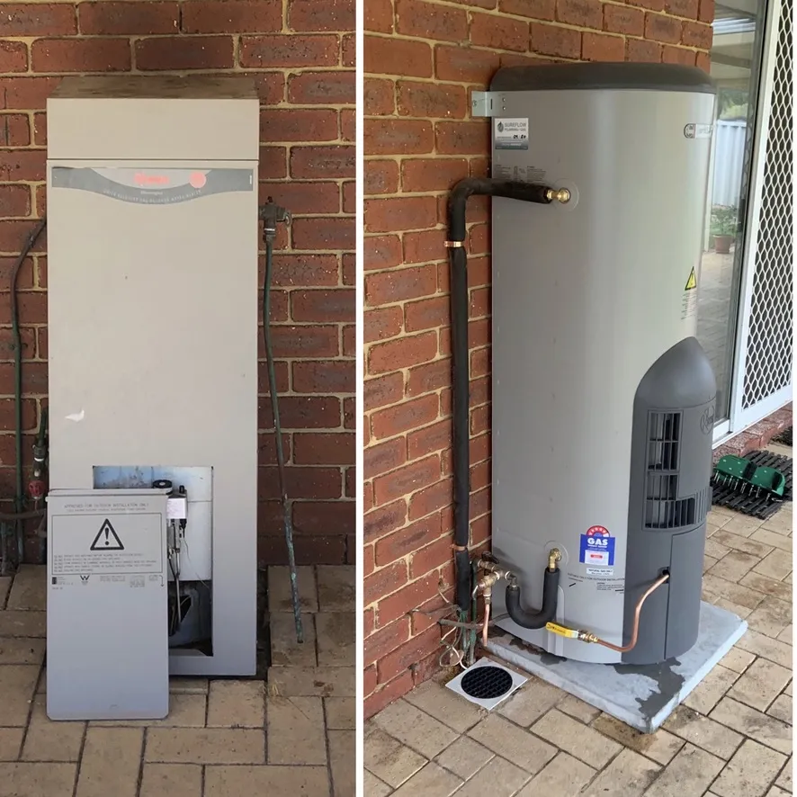 Before and after: an old gas hot water unit replaced by Sureflow